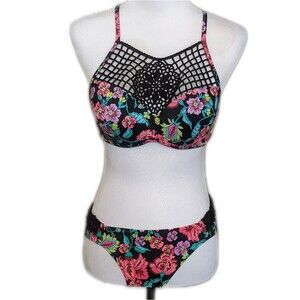 Shade & Shore tropical floral print 2-piece bikini, size Medium & 34B